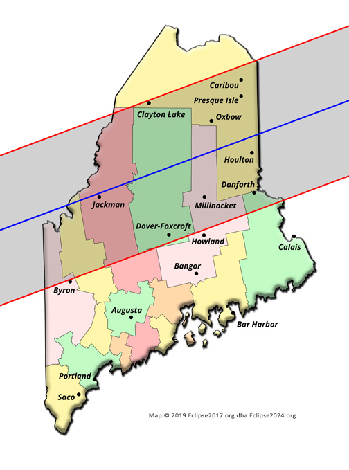 El trayecto de totalidad del eclipse de 2024 a través de Maine