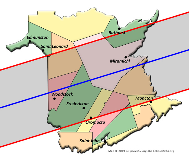 The 2024 total eclipse path through New Brunswick