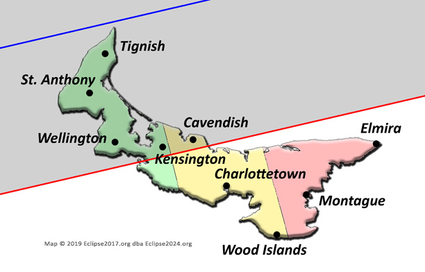 The 2024 total eclipse path through Prince Edward Island
