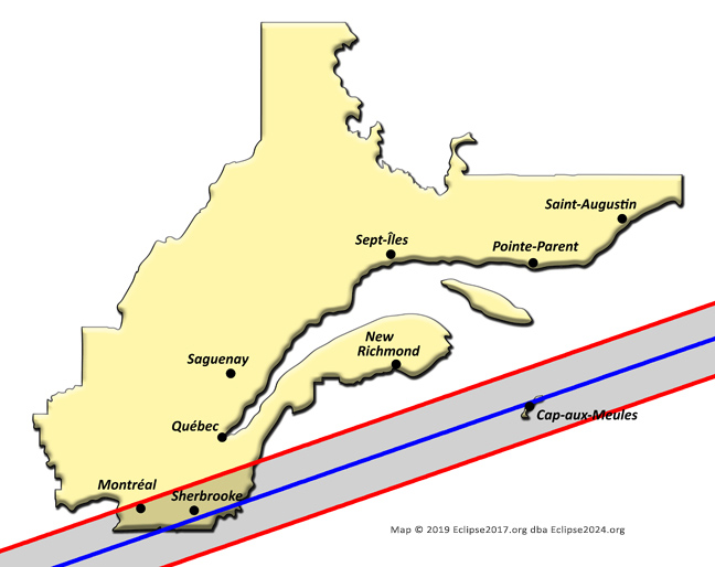 El trayecto de totalidad del eclipse de 2024 a través de Quebec