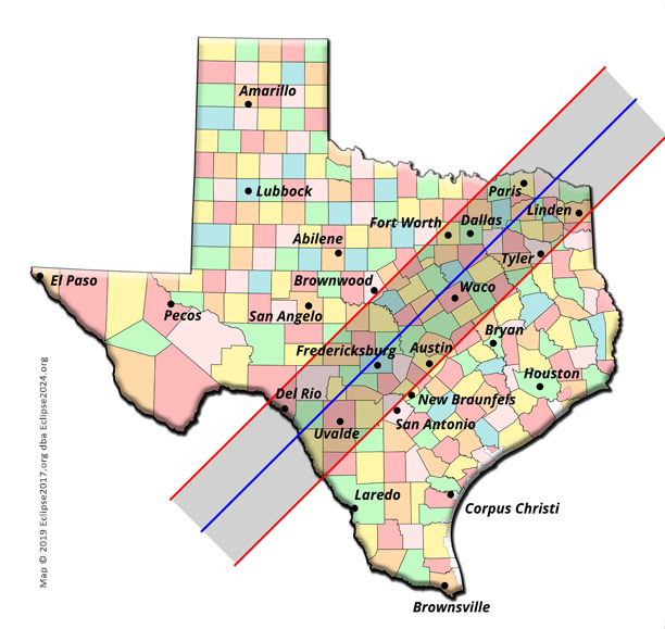 The 2024 total eclipse path through Texas