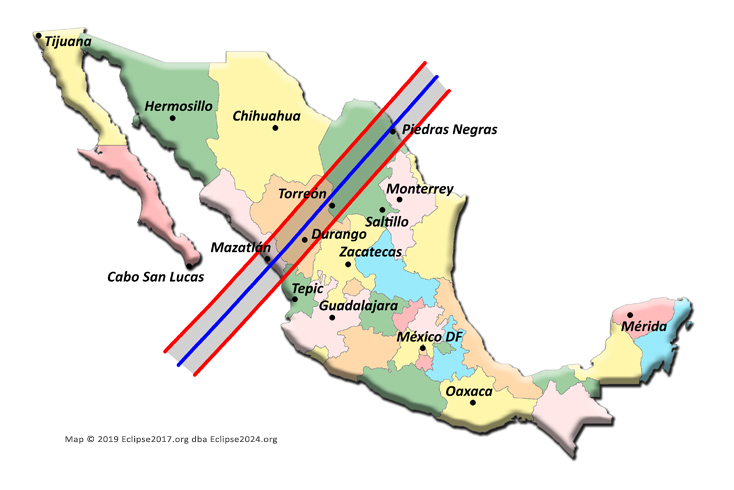 La trajectoire de totalité de l'éclipse 2024 à travers le México