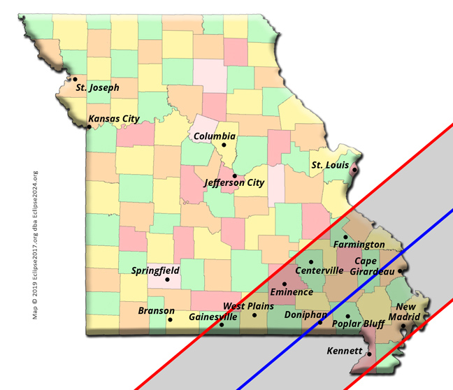 The 2024 eclipse path through Missouri