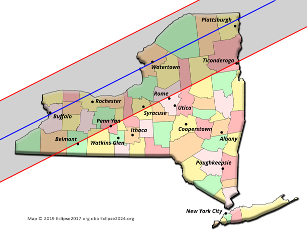 The 2024 total eclipse path through New York