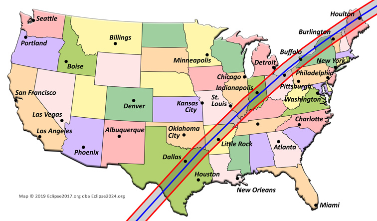 El trayecto de totalidad del eclipse de 2024 a través de los Estados Unidos