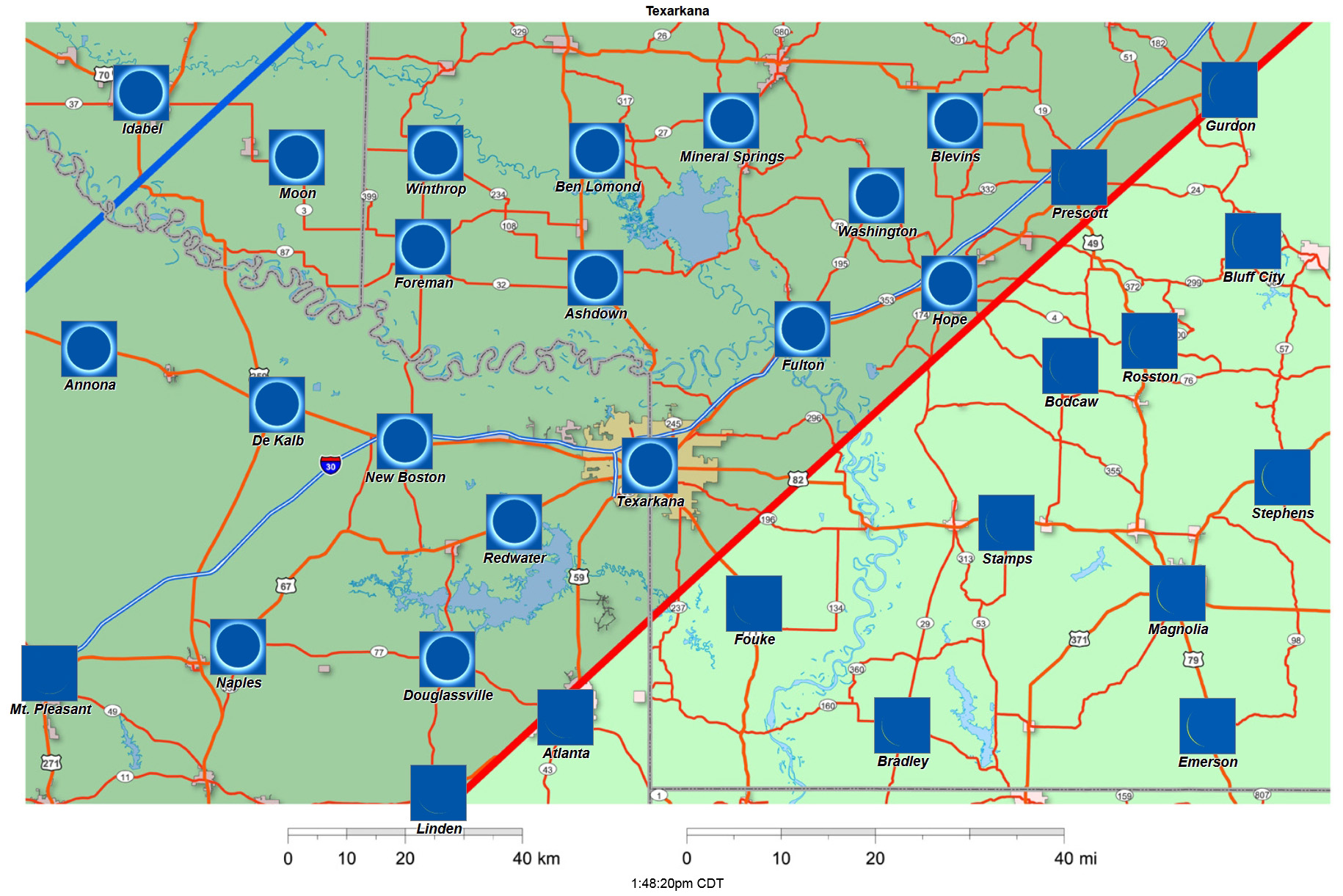 Interactive 2024 eclipse map for Texarkana